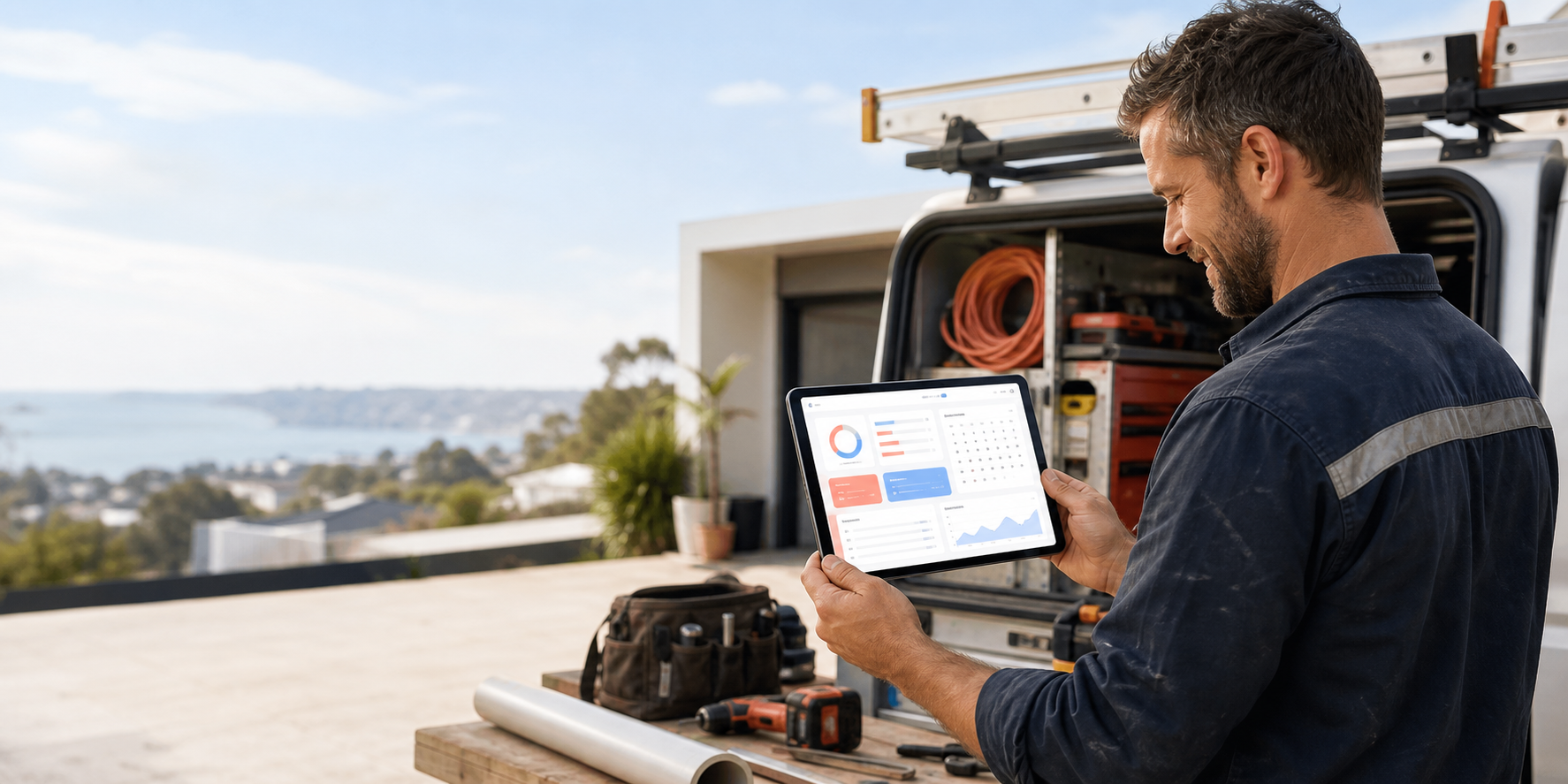 A trade business owner preparing a quote in a job management dashboard.